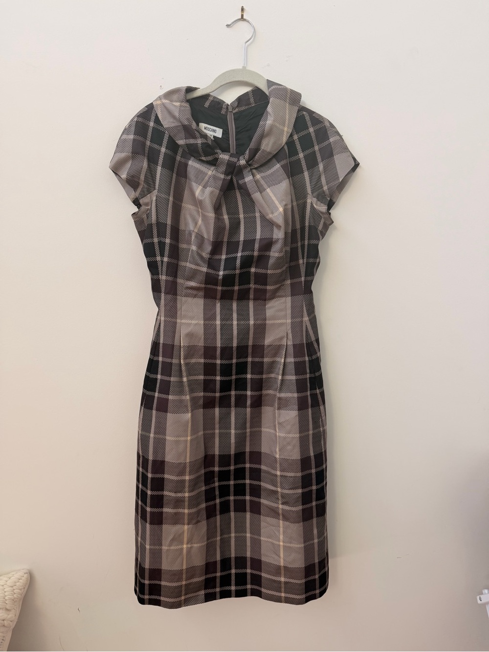 Moschino Plaid Sheath Dress with Bow Neck in Gray and Black